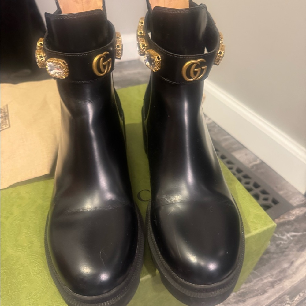Gucci Black Ankle Boots with Gold Crystal Embellishments - Picture 6 of 6